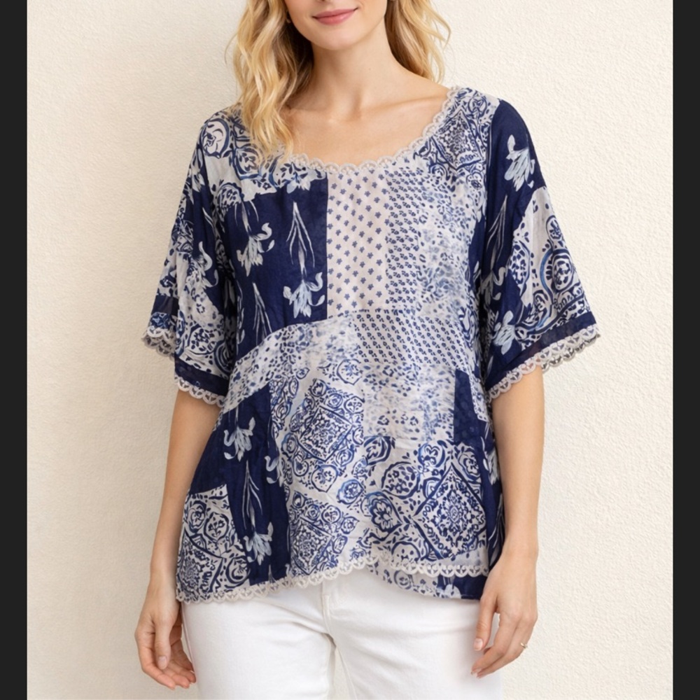 Johnny Was Navy and Cream Patterned silk top
